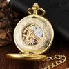 2021 Złoty zegar rzeźbia kwiatowy Design Mechanical Pocket Watch Fob Łańcuch talii szkielet pusty steampunk Men239140