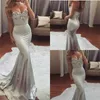 Zilveren Strapless Mermaid Avondjurken Kant Applique Kralen Top Sweep Trein Backless Prom Jurken Goedkope Feestjurk