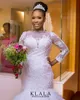 Arabisch Spitze Meerjungfrau Brautkleid Perlen Rüschen Organza Lange Ärmel Tiered Gericht Zug Brautkleider Nigerianischen Vestido De Novia