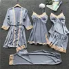 Baunoung 2018 Summer Women Silk Bride Robe Topy Szorty Piżamy Sexy Długie Rękaw Wesele Zestaw Ustaw Camisole Lace Nightwear 5 sztuk