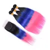 Tre toni colorati # 1B / blu / rosa Ombre capelli umani vergini peruviani tesse 3 pacchetti con chiusura superiore in pizzo 4x4 dritto serico