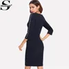 Sheinside Navy Pearls Beaded Sheath Pencil Dress Three Quarter Length Sleeve Zipper Dress 2018 Winter Women Office Ladies Dress