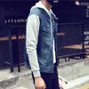 Men's Denim Jacket Patchwork Coat with Strawstring Cap Casual Denim Hoodies with Pockets and Buttons Closure Topwear Cotton Sleeve and Cap