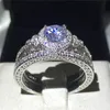 Vecalon Antika Smycken Blomma Kvinnor Ring Round Cut 2CT 5A Zircon CZ 925 Sterling Silver Kvinna Bröllop Band Ring Set