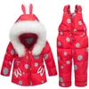 Bebek Kış Giyim Setleri Ördek Aşağı Takım Elbise Kızlar Sıcak Ceketler + Genel Erkek Kar Takım Elbise Çocuk Sevimli Ceket Çocuklar Rüzgar Geçirmez Giyim