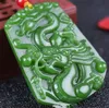 新しい天然の翡翠中国手の彫刻グリーンジェイドペンダントネックレスアムレッさラッキードラゴン像コレクション夏の装飾品