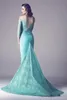 Green Newest Mint Mermaid Prom Dresses Off Shoulder 3/4 Sleeves Lace Applique Pleats Floor Length Formal Evening Dress Party Gowns Wear