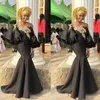 Dubaï Style Robes De Bal 2019 Printemps Été Noir Sirène Robes De Soirée Avec Des Appliques D'or Poète Manches Arabie Saoudite Femmes Vêtements De Cérémonie