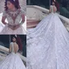 Luxury 2018 Arabic Lace Wedding Dress Sparkly Diamonds Beaded Bodice High Neck Sheer Long Sleeves Cathedral Train Big Day Bridal Gowns