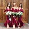 Red Simple Dark Mermaid Bridesmaid Dresses Ruffles Halter V Neck Long Pleats Hi Lo Formal Maid Of Honor Dress