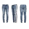 Jeans da uomo Uomo Hip Hop Strappato 2021 Foro distrutto Biker skinny Strisce bianche Cuciture con cerniera Decorato Pantaloni in denim azzurro nero1