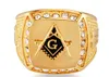 Wholesale Alloy Gold Plated Square Ring Inset Simulated Diamonds Masonic Ring Men's Ring Hip Hop Rings Hot Sale Jewelry for Free Shipping