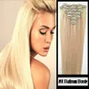 Klips w 100% Remy Human Hair Extensions # 60 Platinum Blonde 8 "-24" Klasa 8a Jakość Full Head 7PCS 16clips Krótki miękki jedwabisty prosty