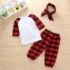 2018 Neonate Abbigliamento 3 pezzi Abiti Set T-shirt Top + Pantaloni scozzesi rossi + Fascia per capelli Neonato Neonata Vestiti Abbigliamento per bambini