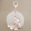 Real Rabbit Fur Pom Poms Ball Keychain Crystal Butterfly Charms Soft Fur Ball Gold Metal Key Chains Plush Car Keyring