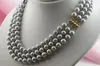 Nowy 3 wiersz 8-9mm Tahitian Silver Grey Pearl Necklace 16-18 "