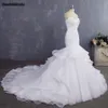 Amandabridal brudklänning sexig sjöjungfru bröllopsklänningar vintage spets brudklänning 2022 med löstagbara remmar veck lager302n
