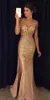 Gold Beading Mermaid Prom Dresses V Neck Sheer Straps Backless Tulle Split Sparkle Evening Gowns Luxury Pageant Dresses DH788