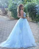 Eleganta kvinnor formella aftonklänningar med 3D-florala applikationer pärlskada illusion bak himmel blå tulle plus storlek tillfälle klänningar prom klänningar