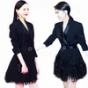 2017 New Fashion Women Jackets Black Feathers Long Sleeves Celebrity Women Elegant Jacket With Belt1