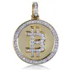 Hip Hop Iced Out Gold Färgpläterad Bitcoin Pendant Halsband Micro Pave Zircon med 60cm repkedja