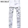 Mcckle 2017 outono homens denim calças brancas de impressão jornal calça casual homens pintado jeans magro para homem tamanho 28-421