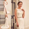 Paloma blanca lente 2018 zeemeermin trouwjurken kant applique backless bruidsjurken mouwloze split front sweep trein trouwjurk