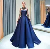 Gorgeous Beaded High Neck Aftow Dress Navy Blue Satin A Line Prom Klänningar Sheer Långärmade Arabiska Formella Party Gowns Custom Made