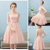 Real Photos Jewel Bridesmaids Dresses Neck Sequins Lace-up Back Bridesmaid Prom Party Gowns With Sash & Bow