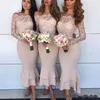 2018 Sereia vestidos de dama de honra fora do ombro Lace apliques ilusão mangas compridas Ruffles vestido de convidado de casamento Maid of Honor vestidos