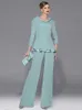 Graceful Mint Green Chiffon Mothers Pants Suit Mother's Dresses Jewel Neckline Long Sleeve With Beads And Sequins Two Pieces For Wedding Party Guest Dresses