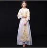 Beige White Chinese Wedding Dress Female Long Sleeve Cheongsam Slim Traditional Dress Qipao for Overseas Chinese Wedding Party ceremony