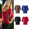 Europejskie Amerykańskie Kobiety Solid Color Sexy Głębokie V Neck Off Ramię Trzy Czwarty Rękaw T Shirt Kobiet Jedwabiu Krótki Rękaw Tops Koszula