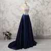 Arrivo gioiello 2018 Nuovi abiti da sera senza maniche con applique Blu scuro scuro A-line Prom Sheer Back Abiti formali su misura Eleganti