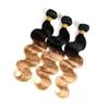 Ombre Body Wave T1B / 27 # Dark Root Honey Blonde Bundles de cheveux humains avec fermeture à lacets Tissage de cheveux brésiliens colorés avec fermeture