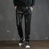 Tsingyi Zipper Faux Leather Harem Spodnie Mężczyźni Streetwear Motocykl Motocykl Pełna długość Elastyczny Talia PU Skórzane Ołówek Feet Spodnie
