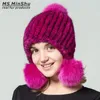 Echte nertsen hoed vrouwen winter bontmuts met 3 ballen Echte bont cap mode ladys bobble mutsen vos bont ballen ms.minshu