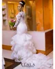 Arabisch Spitze Meerjungfrau Brautkleid Perlen Rüschen Organza Lange Ärmel Tiered Gericht Zug Brautkleider Nigerianischen Vestido De Novia