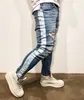 2018 nieuwe knie gat side jeans rits slanke noodlijdende jeans mannen gescheurde streetwear hiphop voor mannen slanke streep broek