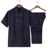 Chinese Traditional Tang Suit Loose Embroidery Tai Chi  Set Summer Coon Linen Mandarin Collar Shirt&Pant Size S-3XL