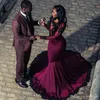 Afryki Burgundia Prom Dresses dla Black Girl Aplikacje Cekiny Otwórz Wróć Iluzja z długim rękawem Syrenka Party Party Suknie BA7819