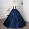 Modest Prom ROBE Robe de Bal Scoop Sheer avec Appliue perlé robes de soirée Dark Navy Accepter Custom Made