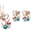 Multi Color Flower Crystal Rhinestone Gold Color Pendant Necklace/Earring/Ring Bridal Jewelry Set For Women Wedding