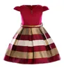 Fashion Puff Sleeves Mix Color Stripe Jacquard Party Dress for Girls Wedding Satin Europe and American Princess Dresses fit 3-10 Years kids