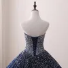 Gerçek Fotoğraf Donanması Mavi Ucuz Quinceanera Balo Elbise Balo Tatlı 16 Kızlar için Parti Bling Kristal Boncuklu Korse Geri Örgün Önlükler Tül