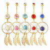 Guld Dream Catcher Feather Blue Stone Navel Piercing Smycken Belly Knapp Ringar Nickelfri 316L kirurgiskt stål