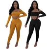 Femmes automne Sexy 2 pièces ensemble solide épaule froide haut court et pantalon slim ensemble Sweat costumes Clubwear fête deux pièces