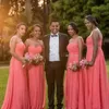 Bridesmaids Dresses Long Formal Plus Size Coral Bridesmaid Dress Sheer Bateau Neck Sleeveless Beading Pearls Ruched Maid of Honor Gown