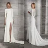 Sexy 2019 Satin Mermaid Lace Wedding Dresses Long Sleeves Side Split Bateau Neck Wedding Dress Elegant Plus Size Bridal Gowns