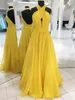 Yellow Plus Size Chiffon Long Evening Dresses Halter Pleated Flowy Floor Length Backless Evening Dresses Formal Gowns8182192